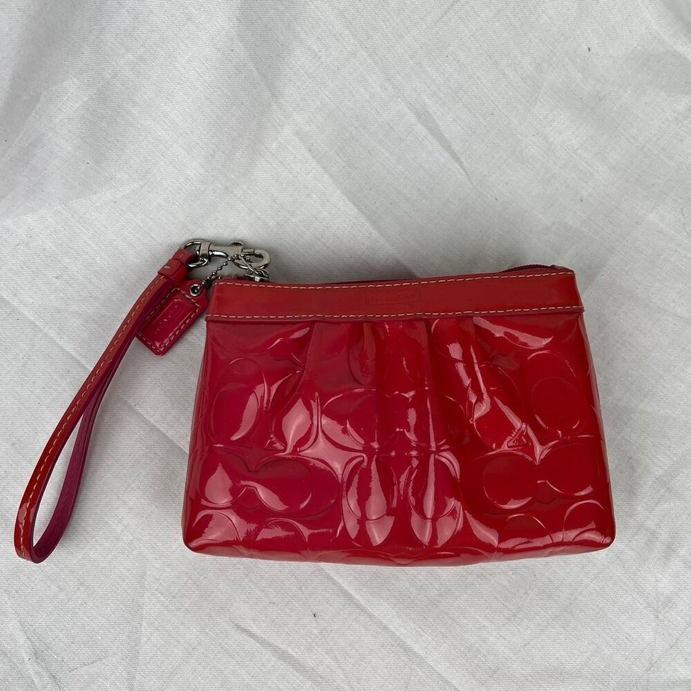 Coach Wristlet Crimson Red Patent Leather Signature C Top Zip Coin Purse Makeup